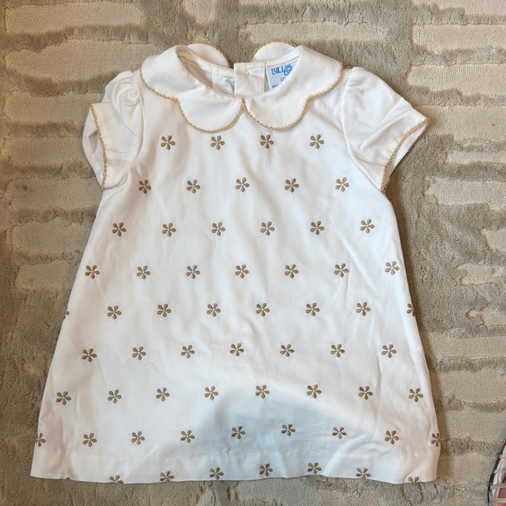 Luli & Me White Dress with Gold Floral Embroidery